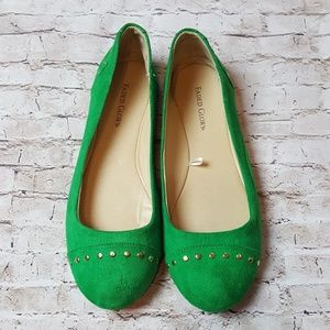 Green Faux Suede Studded Flats